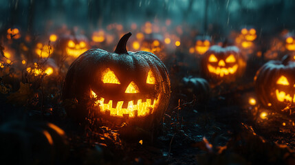 Jack o lantern stands in the middle of the forest. Many glowing pumpkins stand in the middle of the field