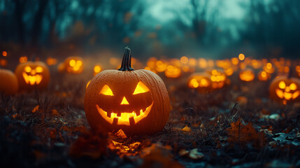 Jack o lantern stands in the middle of the forest. Many glowing pumpkins stand in the middle of the field