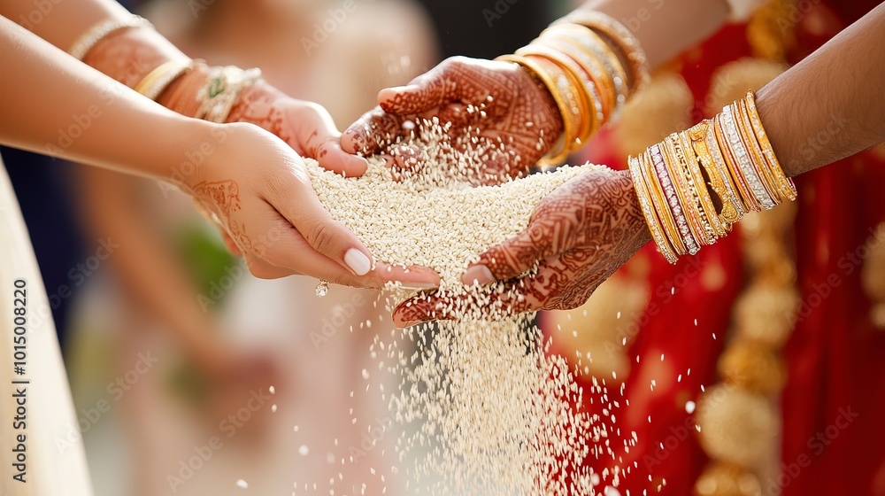 Poster Happy wedding photography of bride and groom at wedding ceremony. Wedding tradition sprinkled with rice and grain on white color background professional photography 