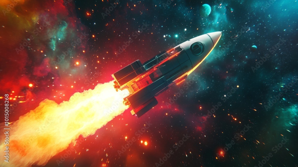 Poster a white and black spaceship with a glowing yellow tail is accelerating through space. the rocket is 