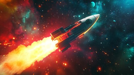 A white and black spaceship with a glowing yellow tail is accelerating through space. The rocket is surrounded by a starfield with red, green, and blue nebulae.