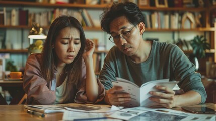 Asian couple looking tired and sad, discussing their financial struggles at home