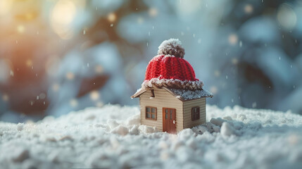 Naklejka premium house in winter - heating system concept and cold snowy weather with model of a house wearing a knitted cap