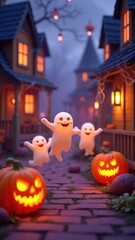 Halloween background with pumpkins and ghosts