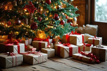 Obraz premium Beautifully Wrapped Christmas Gifts Under a Tree with Sparkling Lights, AI Generation