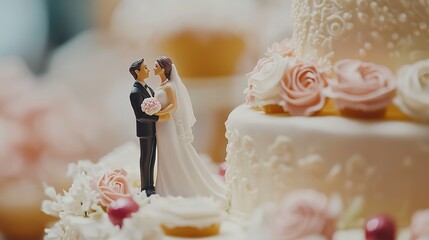Figurines of the bride and groom on a wedding cake. Close-up of wedding cake topper. Traditional wedding sweets and decorations.  