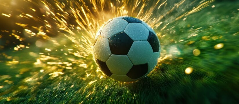 A soccer ball on a green grass field with golden light streaks.