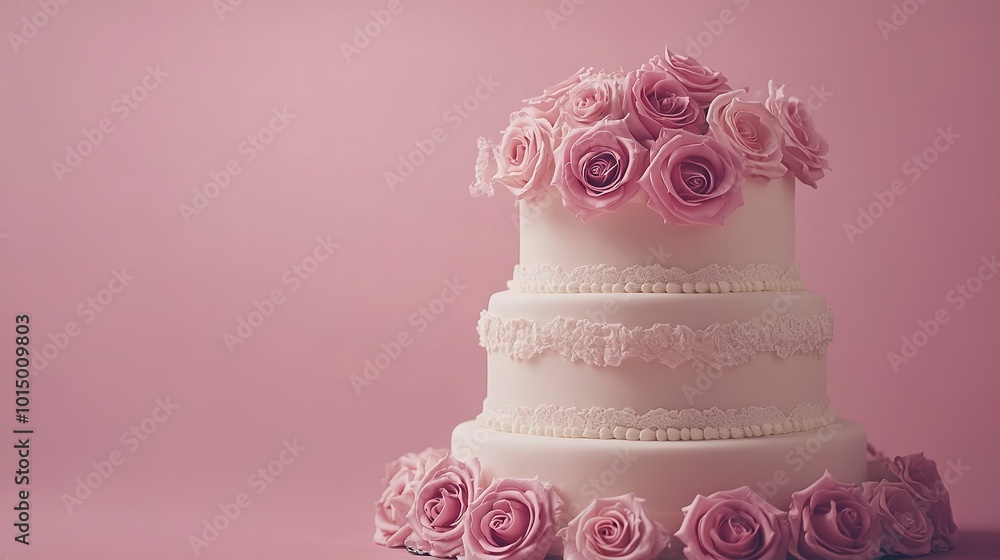 Poster A three tier wedding cake with pink roses, copy space  