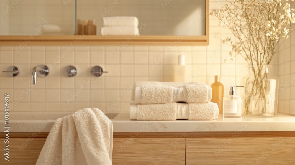 Poster a serene bathroom setting features neatly stacked towels on a countertop alongside a delicate vase o