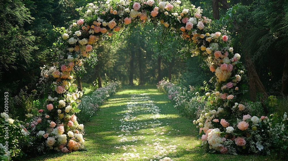 Canvas Prints An elegant wedding arch covered in lush flowers sets a romantic stage for a fairytale marriage ceremony 