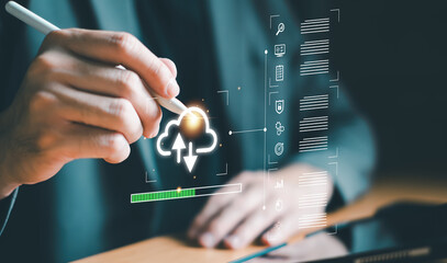 Business person migrate data and corporate information into cloud technology for data security and back up as disaster recovery site and prevent for cyber crime. Data inventory for enterprise.