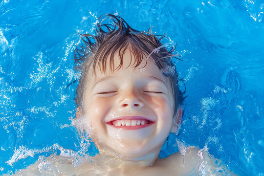 A joyful child smiling while floating on his back in a bright blue swimming pool on a sunny day