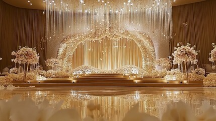 Luxury wedding stage decoration. stage decoration for wedding. wedding ceremonies decoration. wedding hall decoration. elegant wedding stage with flowers. wedding stage decoration gold theme.
