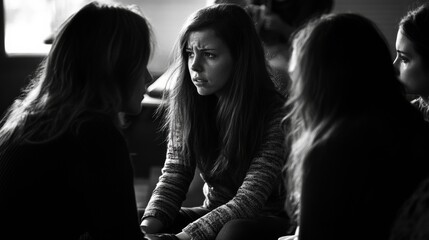 A group of women discussing important issues together in a supportive group setting.

