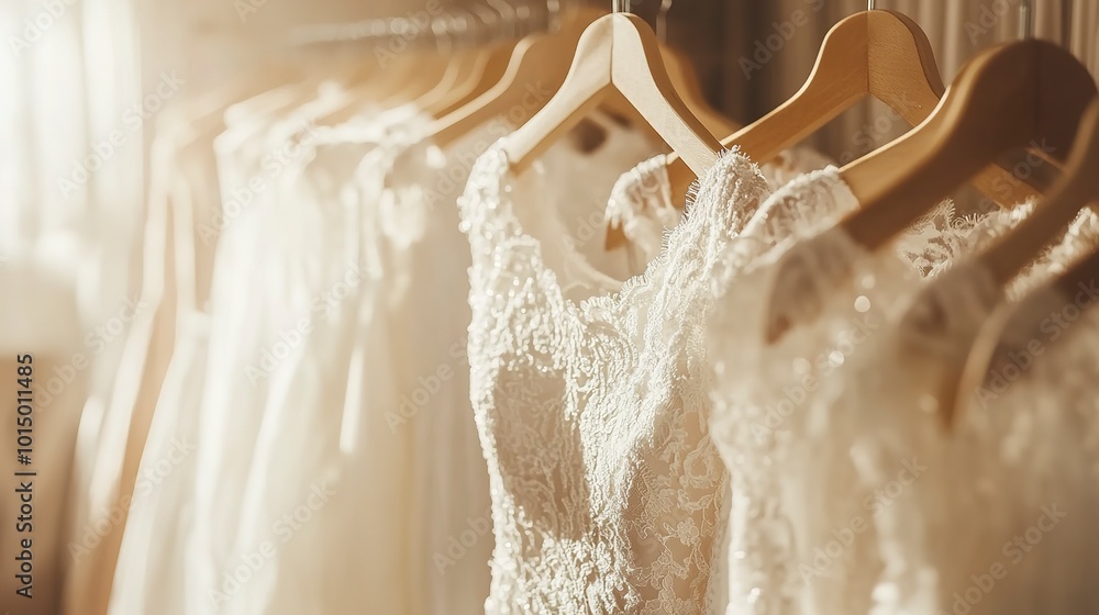 Poster Gorgeous and sophisticated bridal dress elegantly displayed on hangers. Array of wedding dresses hanging in a boutique bridal shop salon. Blurred background in beige tones and sunlight. 