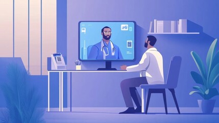 A doctor providing remote consultation to a patient through telemedicine technology on a screen.

