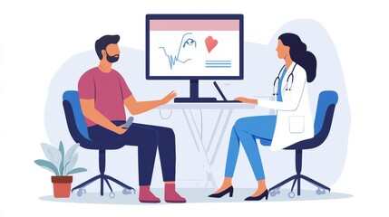 A doctor providing remote consultation to a patient through telemedicine technology on a screen.

