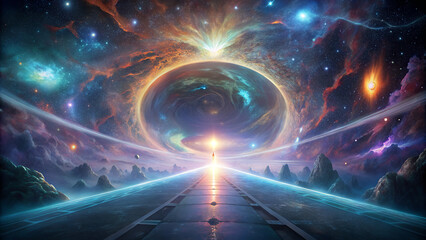 Obraz premium A cosmic landscape with glowing portals and a path leading to the unknown