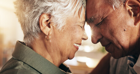 Senior couple, hug and home with smile, love and support together with retirement and marriage....