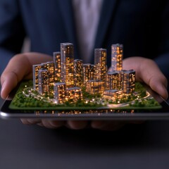 Obraz premium Man using digital tablet with modern building hologram - Real estate and technology concept