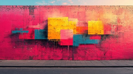 Fototapeta premium Modern street art mural in bold, neon colors, positioned at eye level to focus on intricate details and layered textures. The background is an urban brick wall with contrasting shadows 