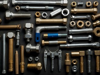 Plumbing tools surrounded by various bolts and nuts.