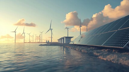 Solar panels and wind turbines generating renewable energy on the horizon.