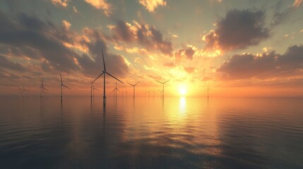 Solar panels and wind turbines generating renewable energy on the horizon.