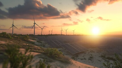 Solar panels and wind turbines generating renewable energy on the horizon.