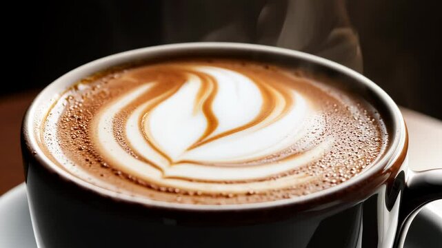 Freshly brewed latte with elegant foam art on top, served in a dark mug on a wooden table with chocolate treats on the side