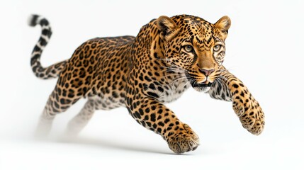 Obraz premium A strong and agile leopard mid-pounce, portrayed with dynamic motion on a clean white background