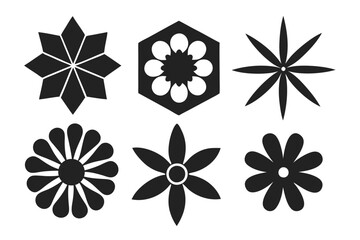 Set of floral vector icons in solid black silhouette style with geometric shapes and clean edges.
Geometric floral silhouette icons with bold petals, ideal for decorative elements and pattern designs