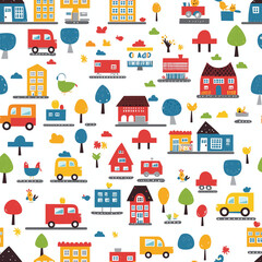 Flat Icon Set for Web Design, printing curtains, bed sheets, fabric patterns and tiles. with Seamless Cartoon City and Home Illustrations