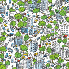 Fototapeta premium Seamless graphic illustration of a busy city with cute cars and buildings on a white background. Suitable for printing on bed sheets, curtains, graphic backgrounds and tiles.
