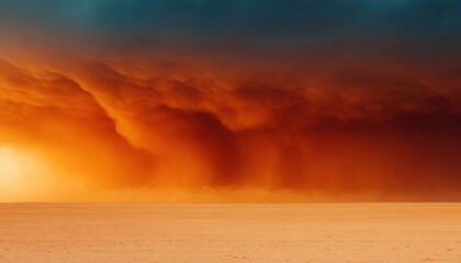 Obraz premium A massive sandstorm engulfs the desert, with an intense orange glow reflecting the sunset, creating a dramatic wall of dust and sand.