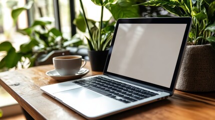 Fototapeta premium Laptop Workspace: Cozy Coffee Shop Ambiance 