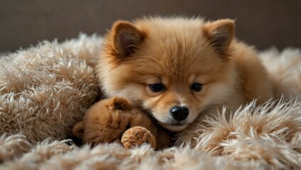 Obraz premium Pomeranian puppy sleeping with a toy bear.