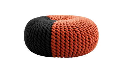 Colorful round woven cushion with black and orange pattern, white isolate background