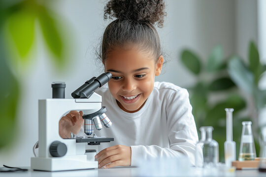 A girl in a white dress is playing with a microscope in elementary school science class.
