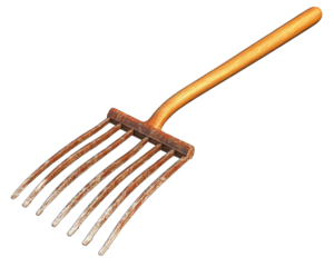 Garden fork with wooden handle on white isolated background.