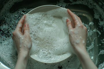 Fototapeta premium A person's hand is washing dishes with dishwashing liquid until they are full of bubbles in a dimly lit sink, looking creepy.