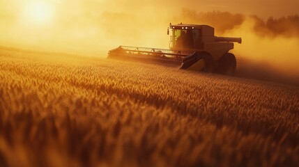 Naklejka premium A combine harvester moving through a barley field at dusk, with golden light illuminating the crops.