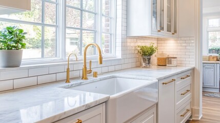 Fototapeta premium This modern kitchen showcases a sophisticated marble countertop paired with a gold faucet. Natural light floods the space through large windows, highlighting the stylish cabinetry and decor.