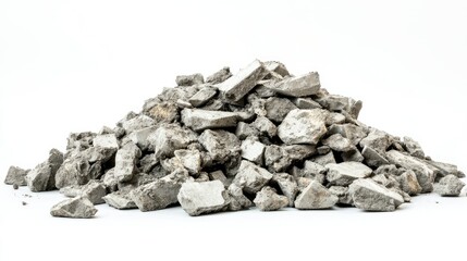 A compact pile of crushed concrete pieces, laid out randomly against a seamless white backdrop for construction themes
