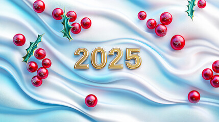 Festive 2025 celebration with red baubles and holly on elegant white silk background