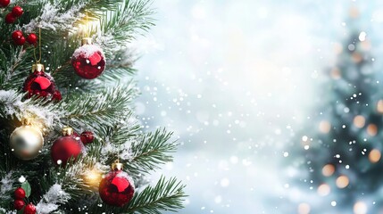 Fototapeta premium A snowy landscape with two red Christmas ornaments on a tree branch. The scene is peaceful and serene, with the snow covering the ground and the ornaments adding a festive touch to the winter scenery