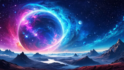 Cosmic galaxy space with a giant glowing planet in mysterious night sky, star nebula, blue and purple, magic mountain landscape illustration
