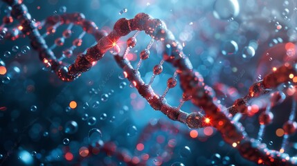 Beautiful rainbow DNA double helix spiral with light bokeh and bubbles, gracefully floating on a blue backdrop