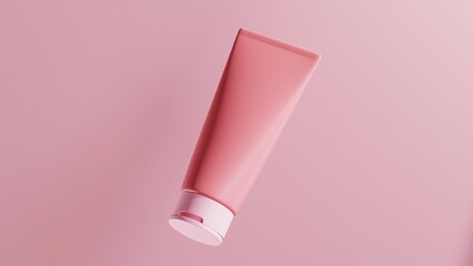 pastel pink tube skincare packaging with pink lid,  levitating on pink background, photorealistic 3d render