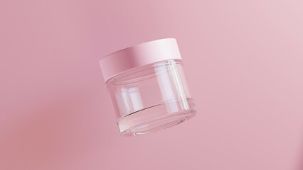 transparent empty skincare jar packaging with pink lid levitating on pink background, photorealistic 3d render